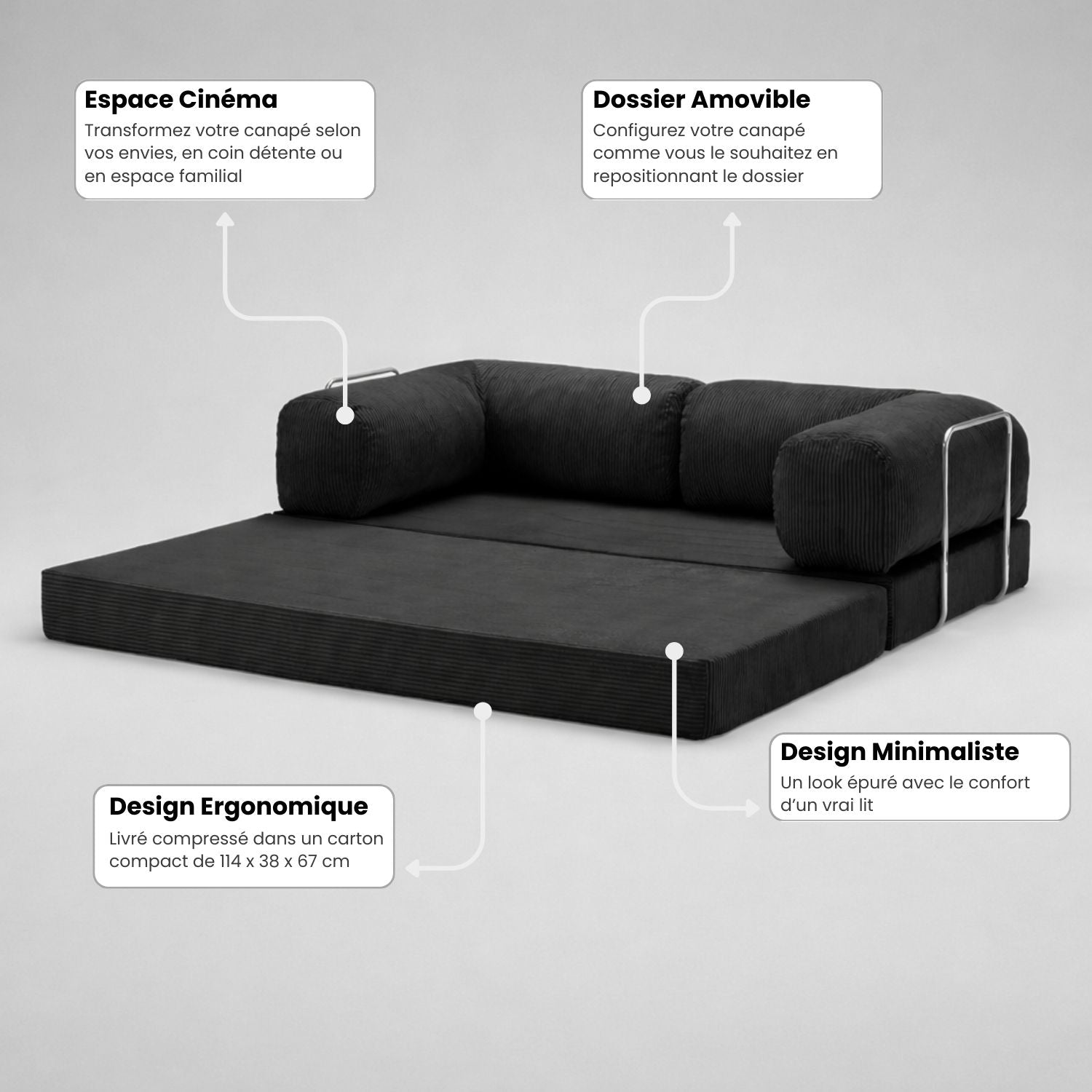 Canapé lit 2 places 200 cm – Gris